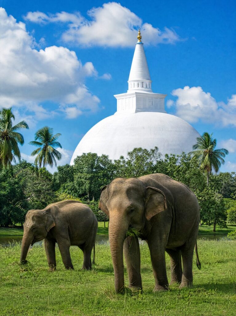 Elephants grazing in front of a white stupa in Anuradhapura