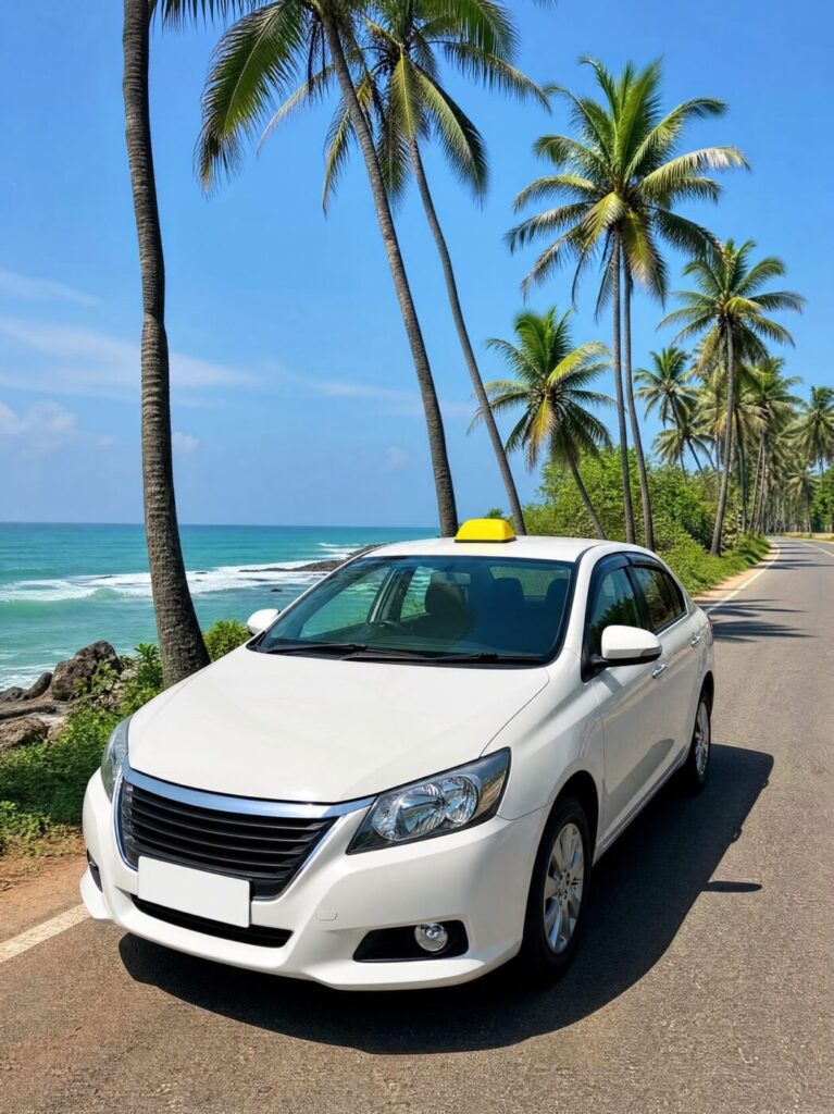 White taxi on a palm-lined coastal road in Sri Lanka
