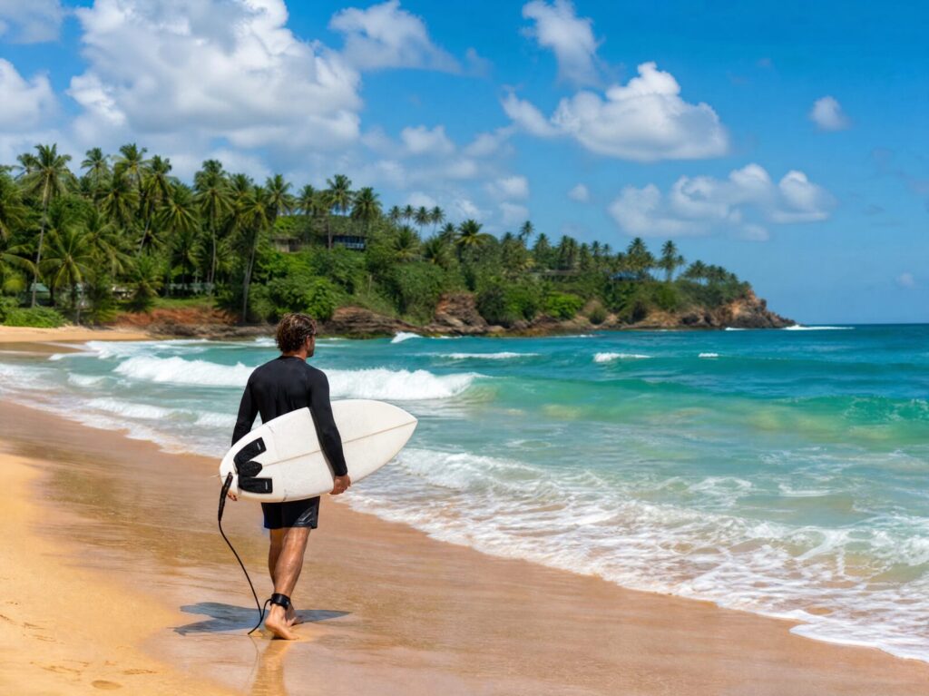 Surfer walking along a Sri Lankan beach
