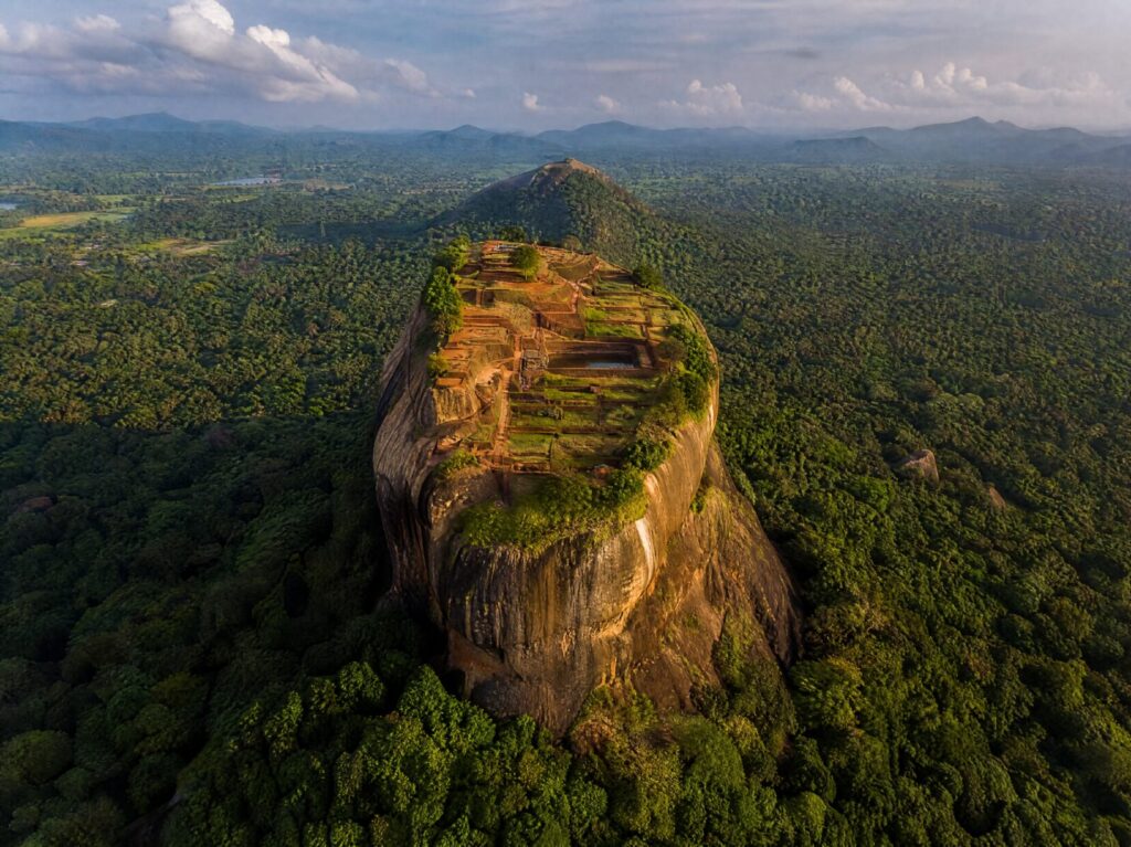 Aerial view of Sigiriya rock fortress above the jungle