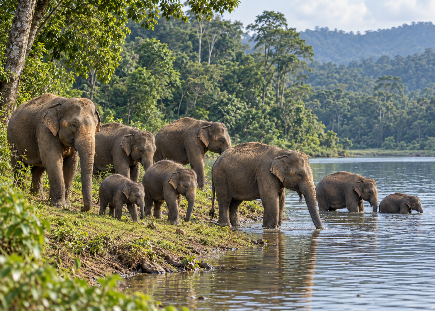 Wild elephant and calf by a lake